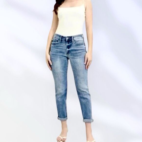 Judy Blue Denim - JUDY BLUE Blue Boyfriend Fit Skinny Jeans High Rise Distressed